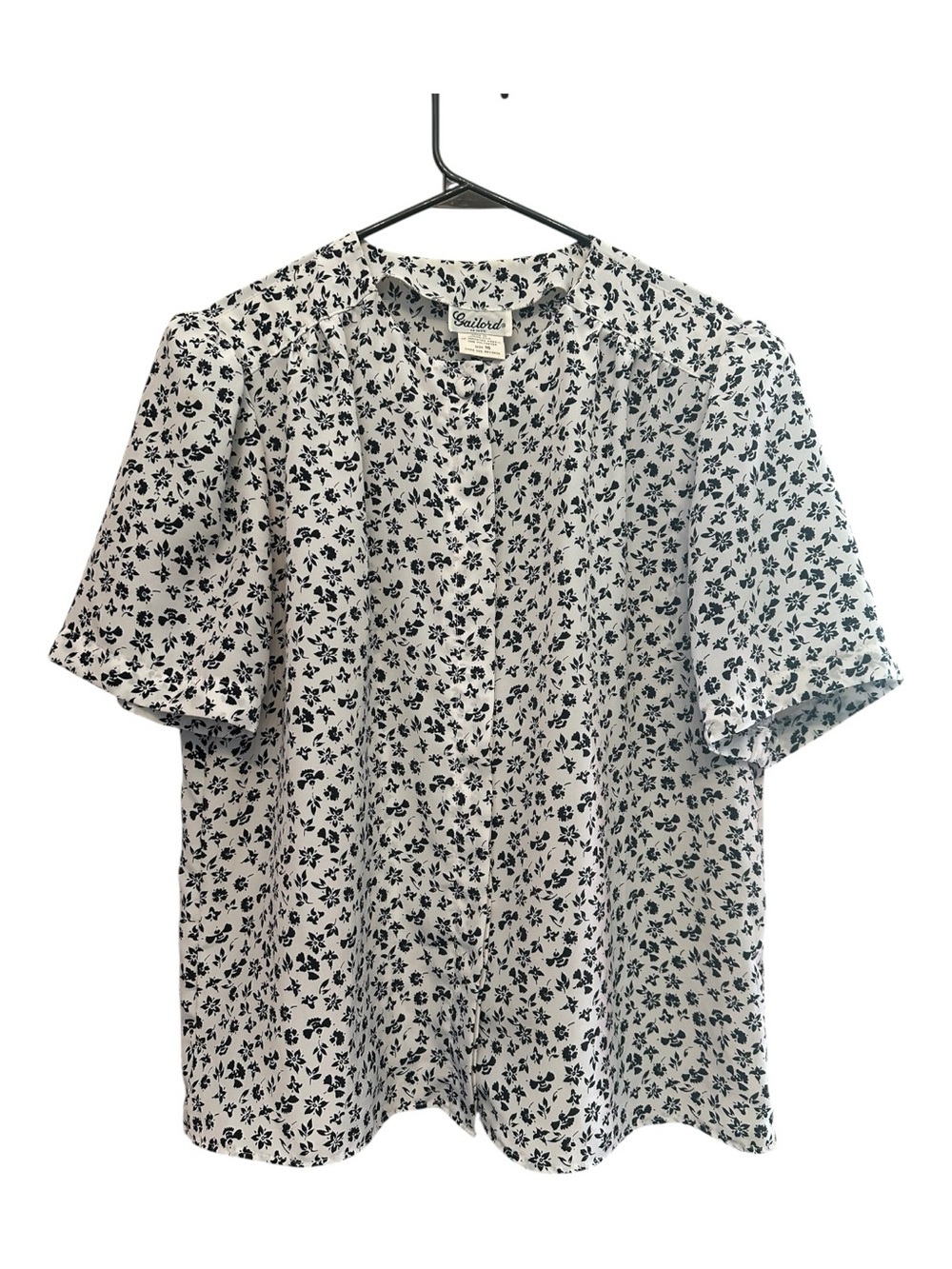 Vintage 80s/90s Gailord Black Floral Short-Sleeve Button Up White Blouse 16